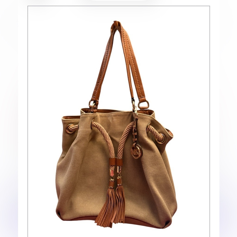 MICHAEL KORS Marina Metallic Gold Canvas w. Leather Trims Tassels Shoulder Bag